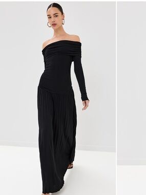 Lioness Black Off-Shoulder Long Sleeve Pleated Maxi Dress